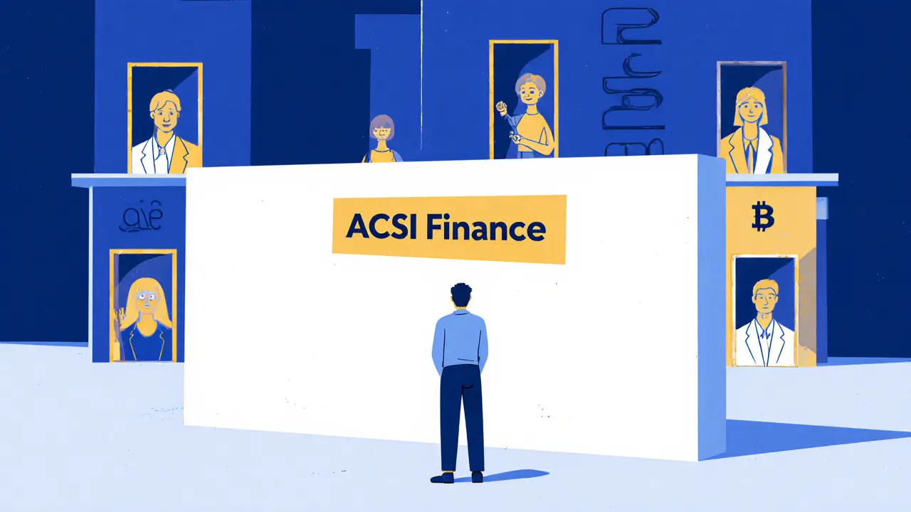 Utilisateur face à un mur vide étiqueté 'ACSI Finance', tandis que d'autres plateformes sont accessibles, style Bauhaus.