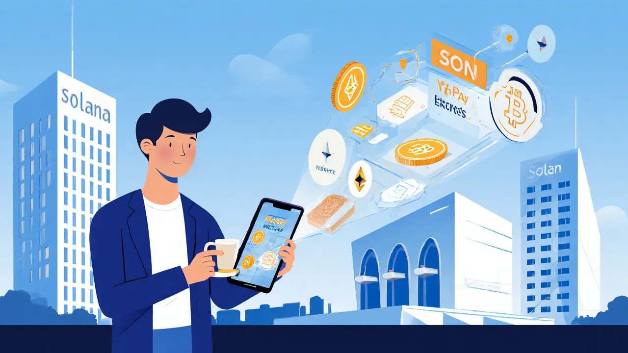 Utilisateur payant un café avec Solana Pay, entouré d&#039;interfaces crypto et de tours d&#039;échanges stylisées en géométrie Bauhaus.