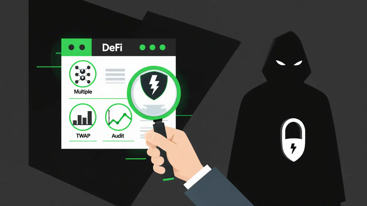Utilisateur vérifiant les fonctionnalités de sécurité d&#039;un protocole DeFi : oracles multiples, TWAP et audit.