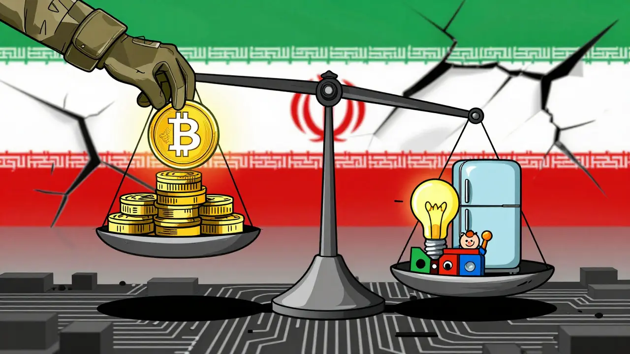 Balance symbolique : des crypto-monnaies contre des objets de survie quotidienne, dans un style Bauhaus abstrait avec un drapeau iranien en arrière-plan.