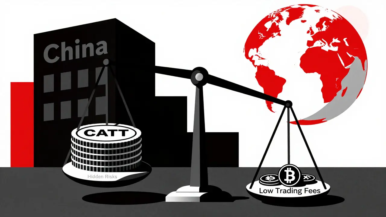 Balançoire cassée entre frais bas et risques cachés, avec un bâtiment sombre marqué 'Chine' en arrière-plan.