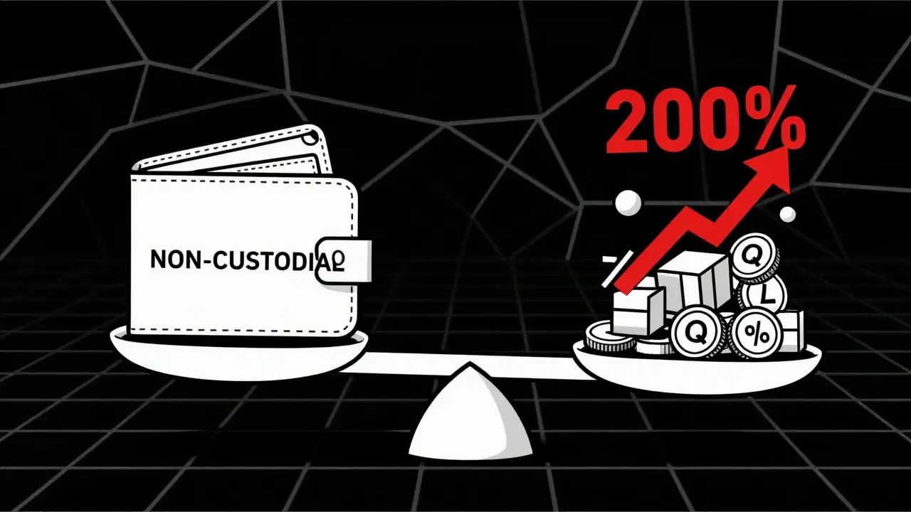 Bascule entre un portefeuille sécurisé et des récompenses en jetons QUBE, style Bauhaus minimaliste.