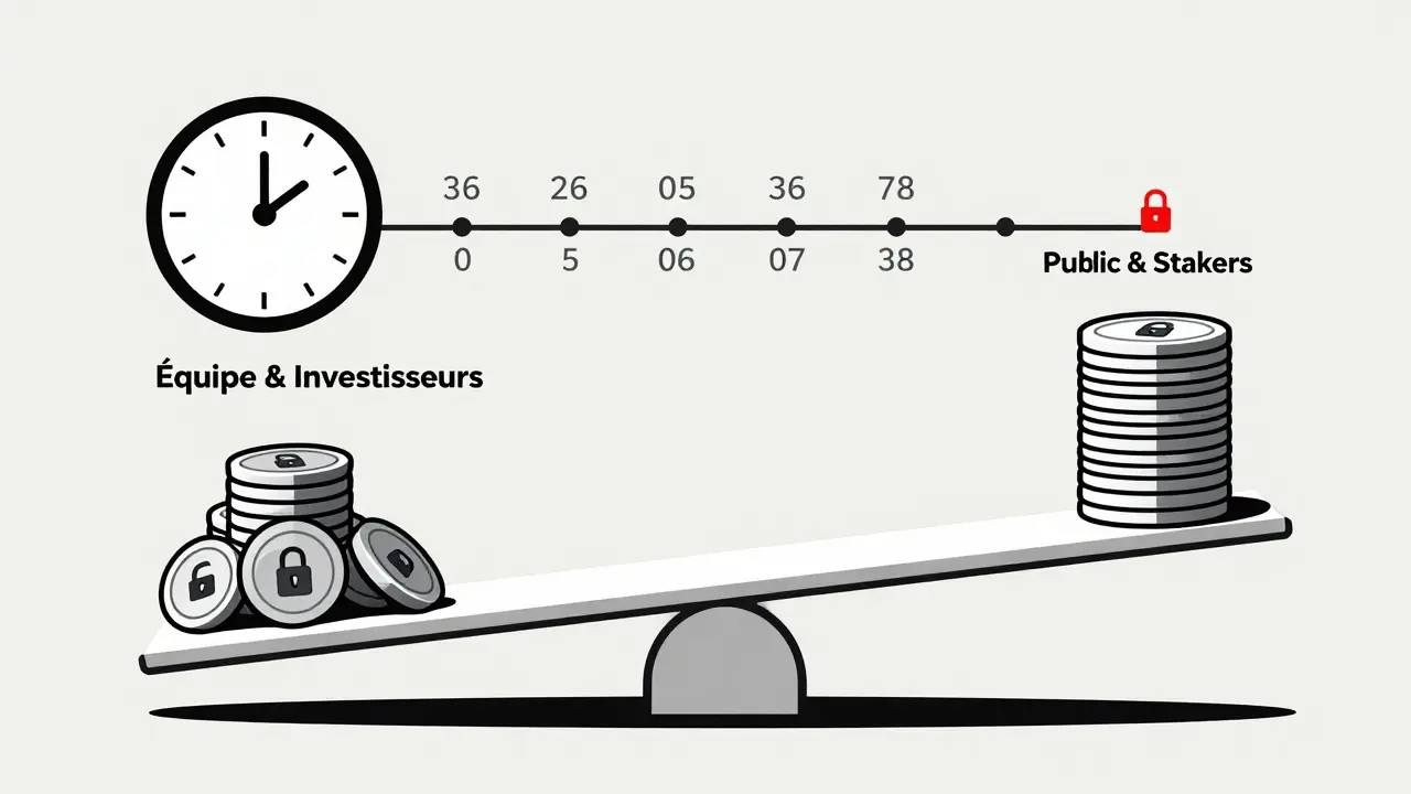 Bascule équilibrée entre jetons verrouillés et jetons publics avec un calendrier de libération.