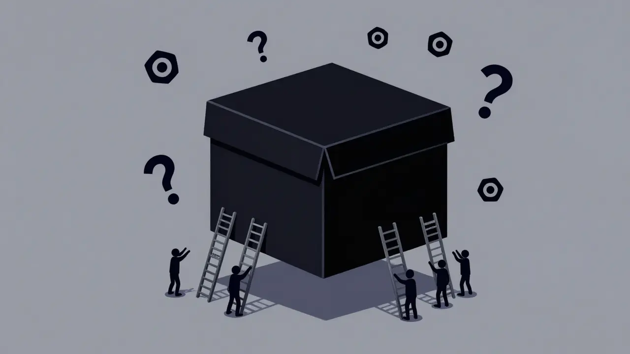 Boîte noire sans transparence entourée de jetons CONI et de questions sans réponse