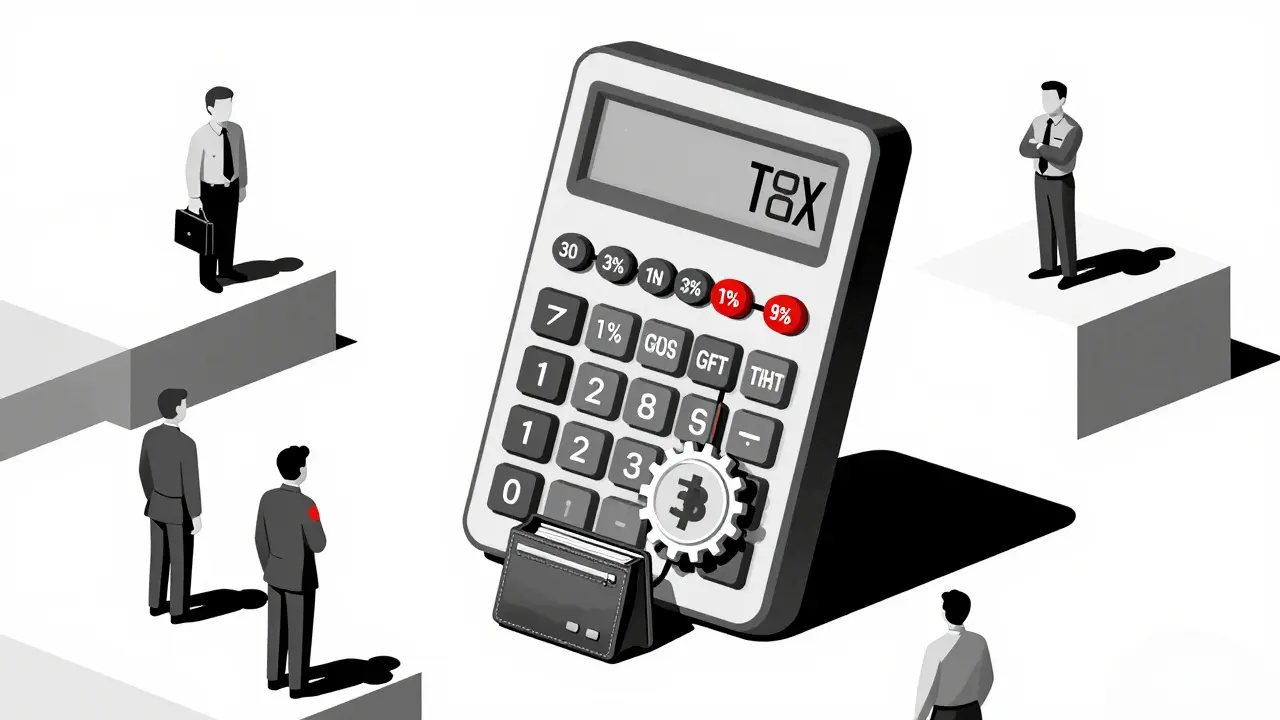 Calculatrice d&#039;impôt écrasant un portefeuille crypto, avec des régulateurs observant.