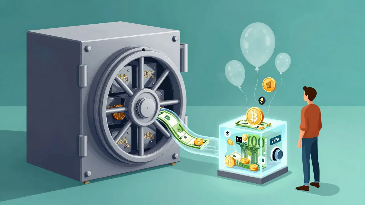 Coffre-fort numérique sécurisé avec des actifs crypto stockés à froid et des euros en circulation fluide.