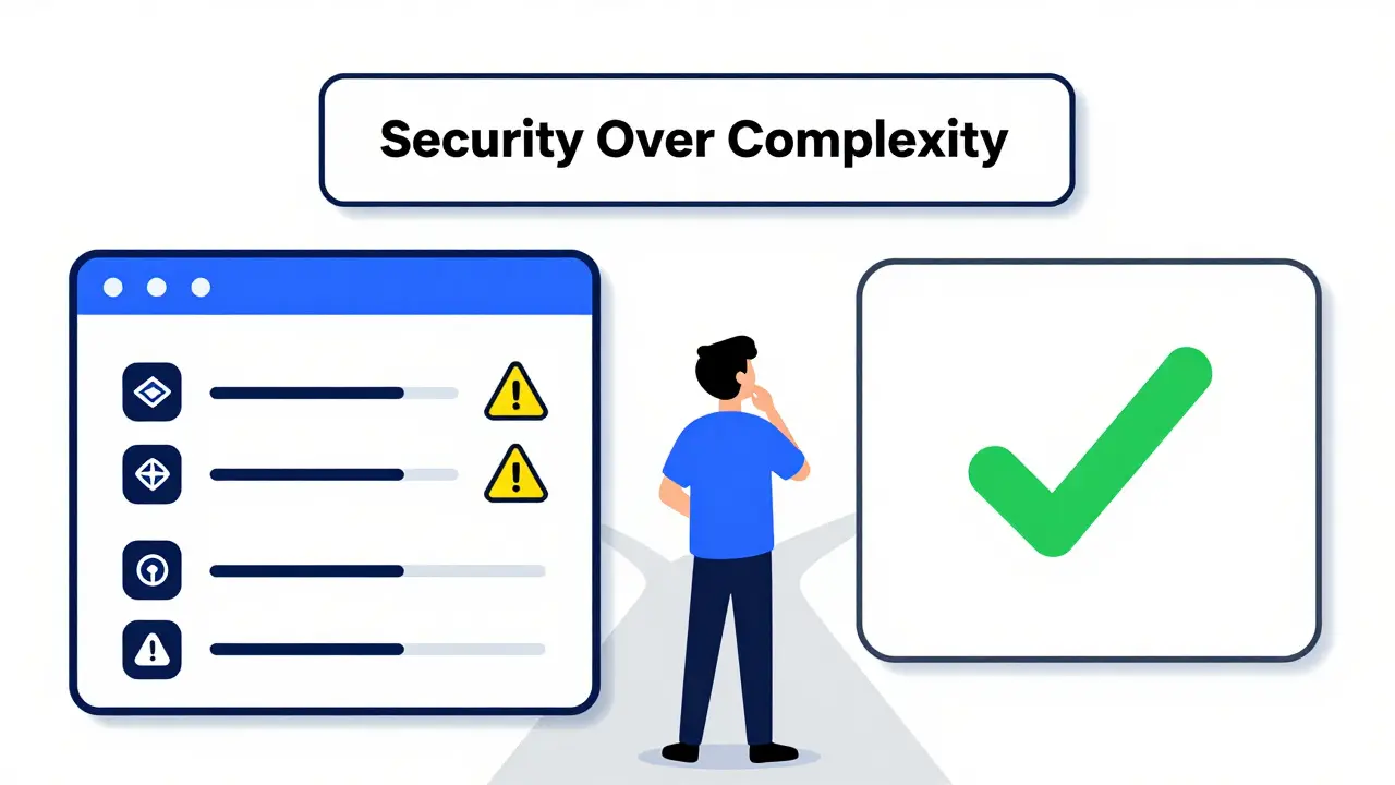 Comparaison Bauhaus entre une interface DeFi complexe et une simple, sous le slogan 'Sécurité avant complexité'.