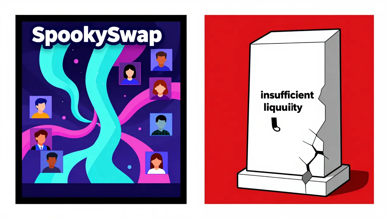 Comparaison visuelle entre SpookySwap animé et Yoshi Exchange en déclin, en style Bauhaus géométrique.