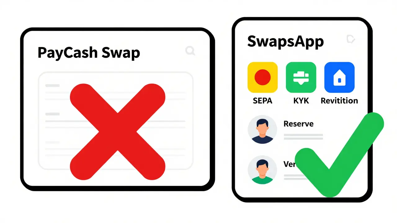 Contraste Bauhaus entre PayCash Swap vide et SwapsApp transparent avec vérifications et avis.