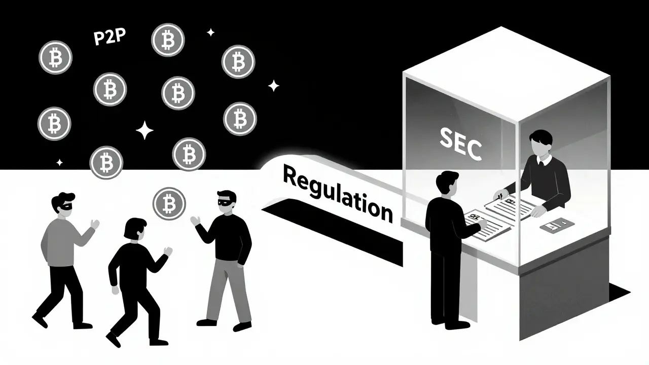 Contraste entre le marché illégal chaotique et l&#039;échange régulé organisé avec une passerelle de régulation.