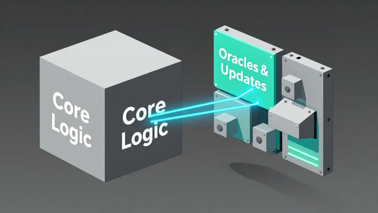 Contrat hybride : cube immuable à gauche, panneau modifiable à droite, style Bauhaus.