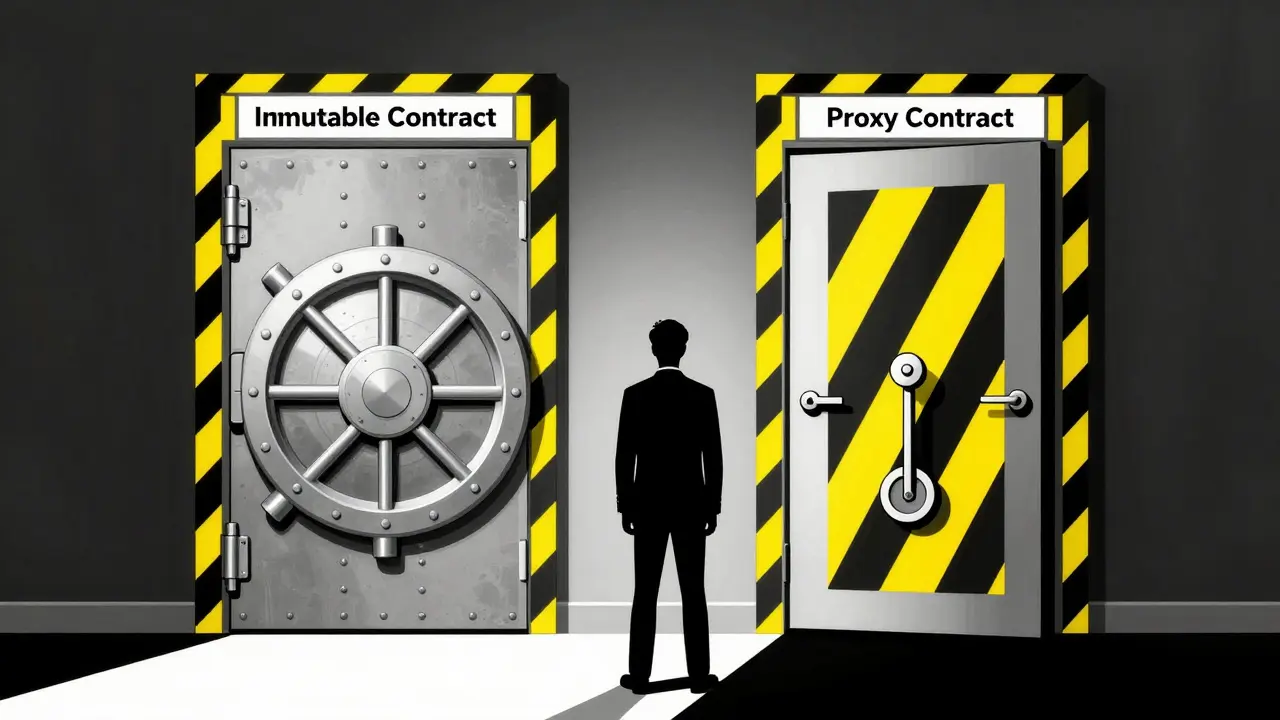 Développeur face à deux portes : une scellée, l&#039;autre cachant un levier, style Bauhaus.