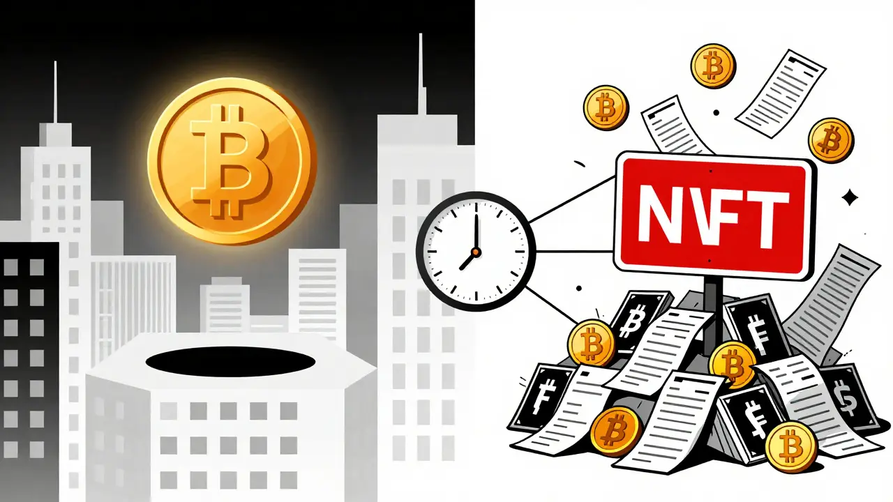 Droite : roupie numérique dans une ville ordonnée ; gauche : cryptos en désordre sous un avertissement.