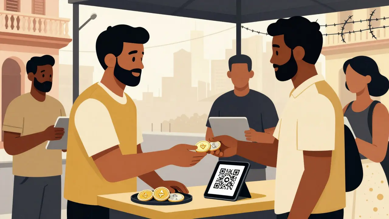 Échange peer-to-peer de cryptomonnaies à La Havane, contre des pesos cubains, avec des silhouettes stylisées.