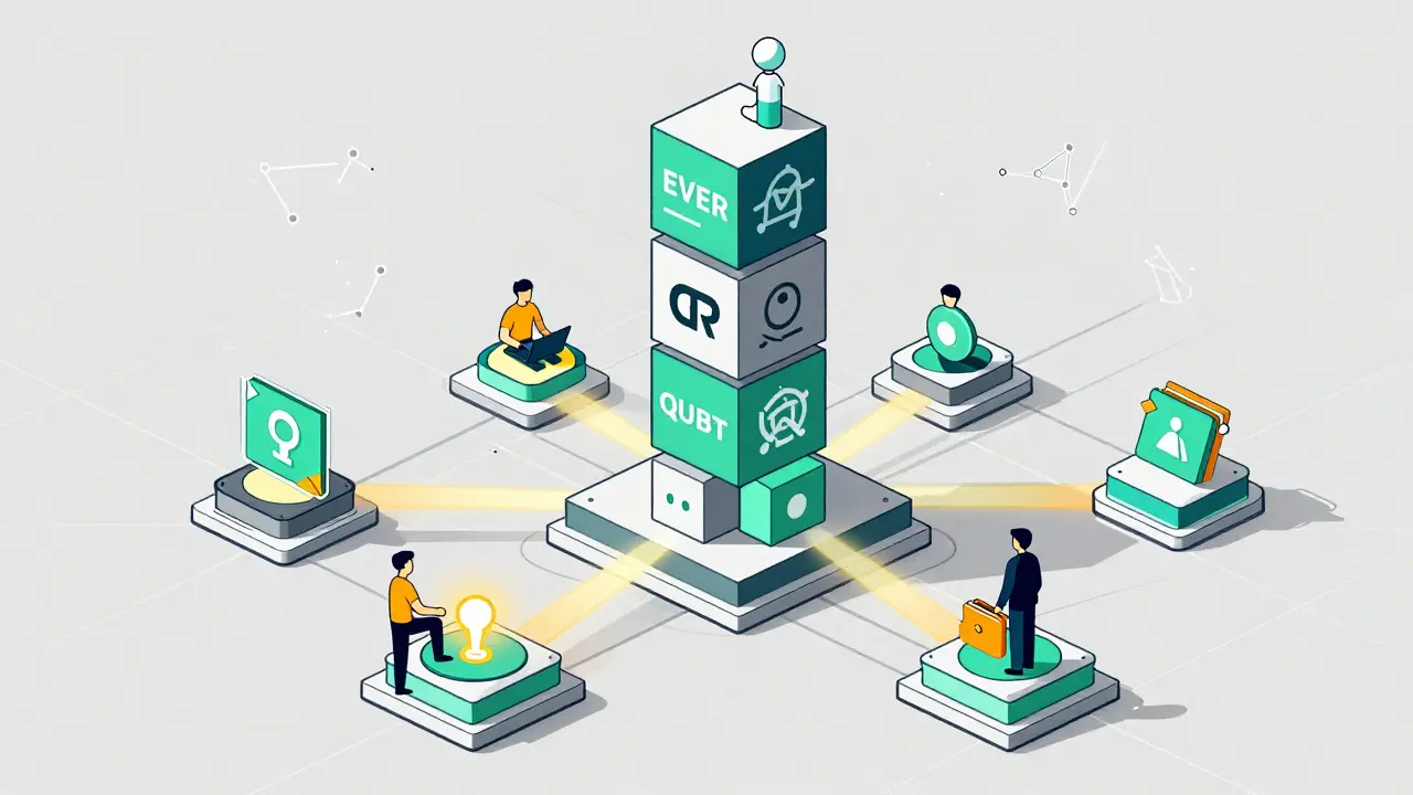 Écosystème décentralisé géométrique avec des cubes représentant des cryptos et des pools de liquidité en énergie.