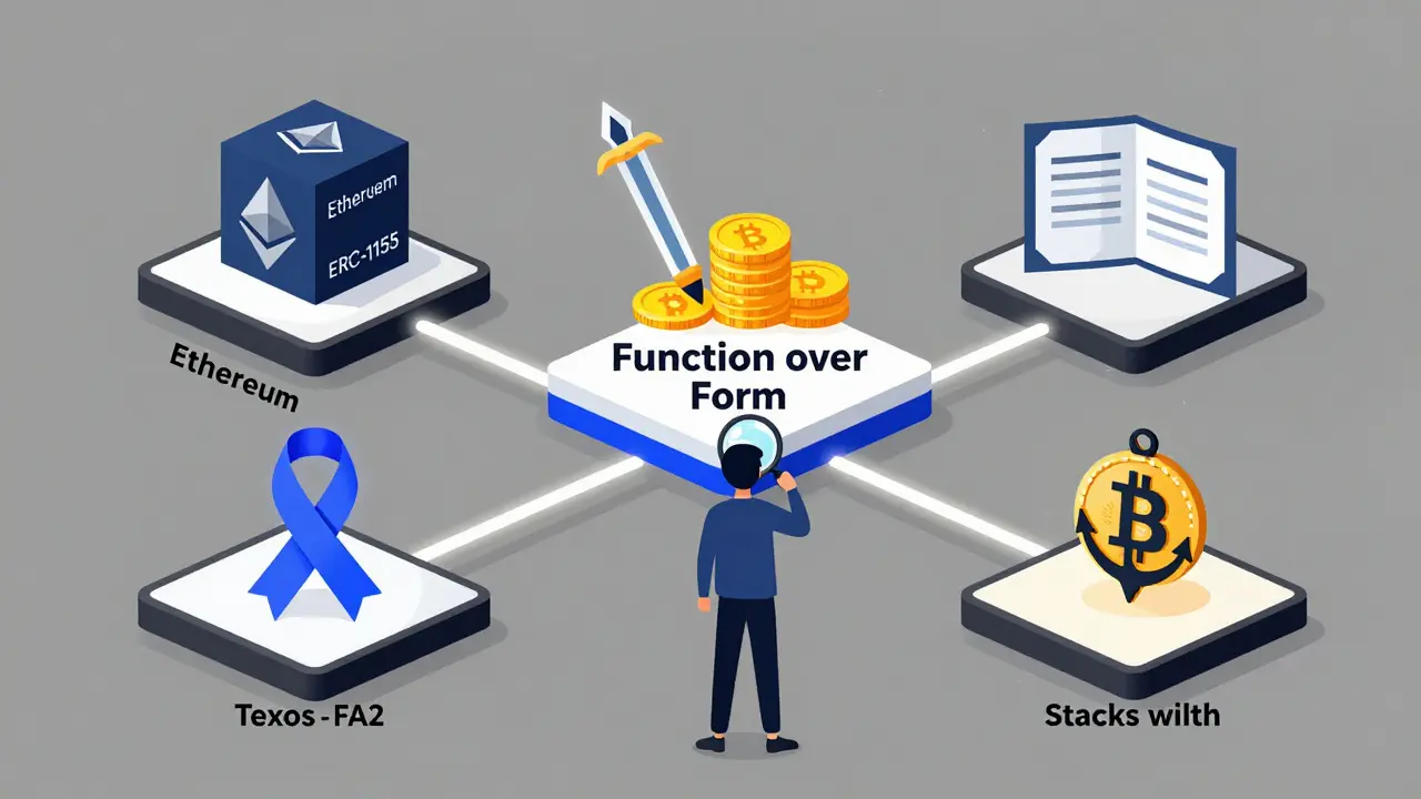 Écosystème NFT multi-standard avec Ethereum, Tezos et Stacks connectés.