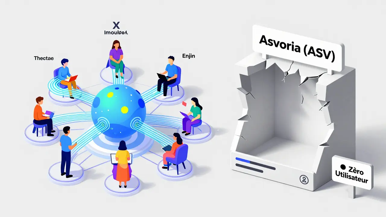 Écosystème Web3 vivant contrasté avec une structure creuse et vide étiquetée Asvoria.