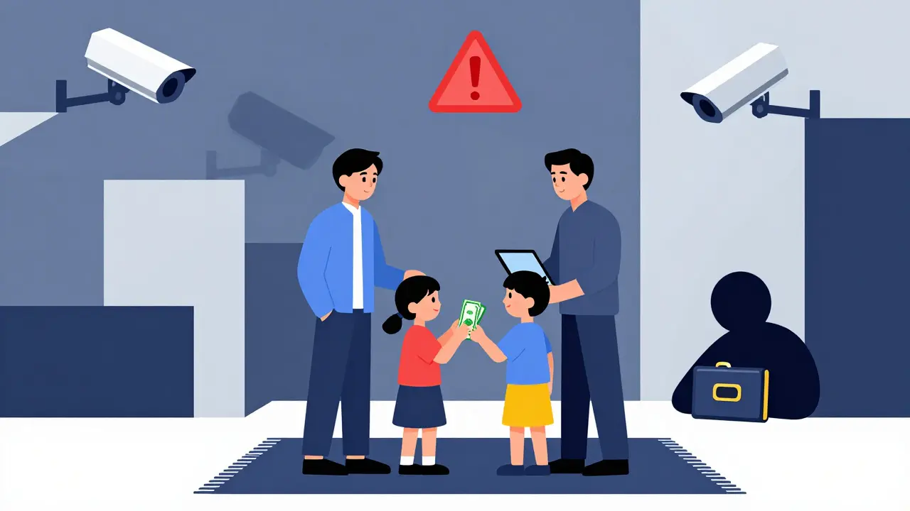 Famille utilise le yuan numérique tandis qu&#039;une personne cache un portefeuille crypté en arrière-plan.