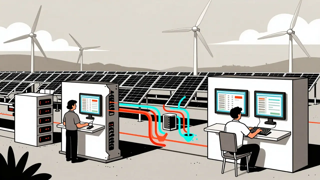 Ferme de minage d'énergie renouvelable à Cuba, avec éoliennes, panneaux solaires et écrans de surveillance géométriques.