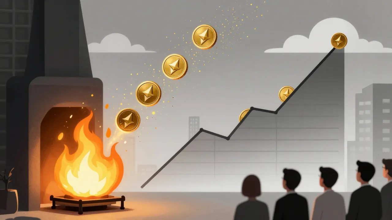 Feu abstrait détruisant des jetons qui deviennent de la poussière dorée, avec une courbe de prix croissante.