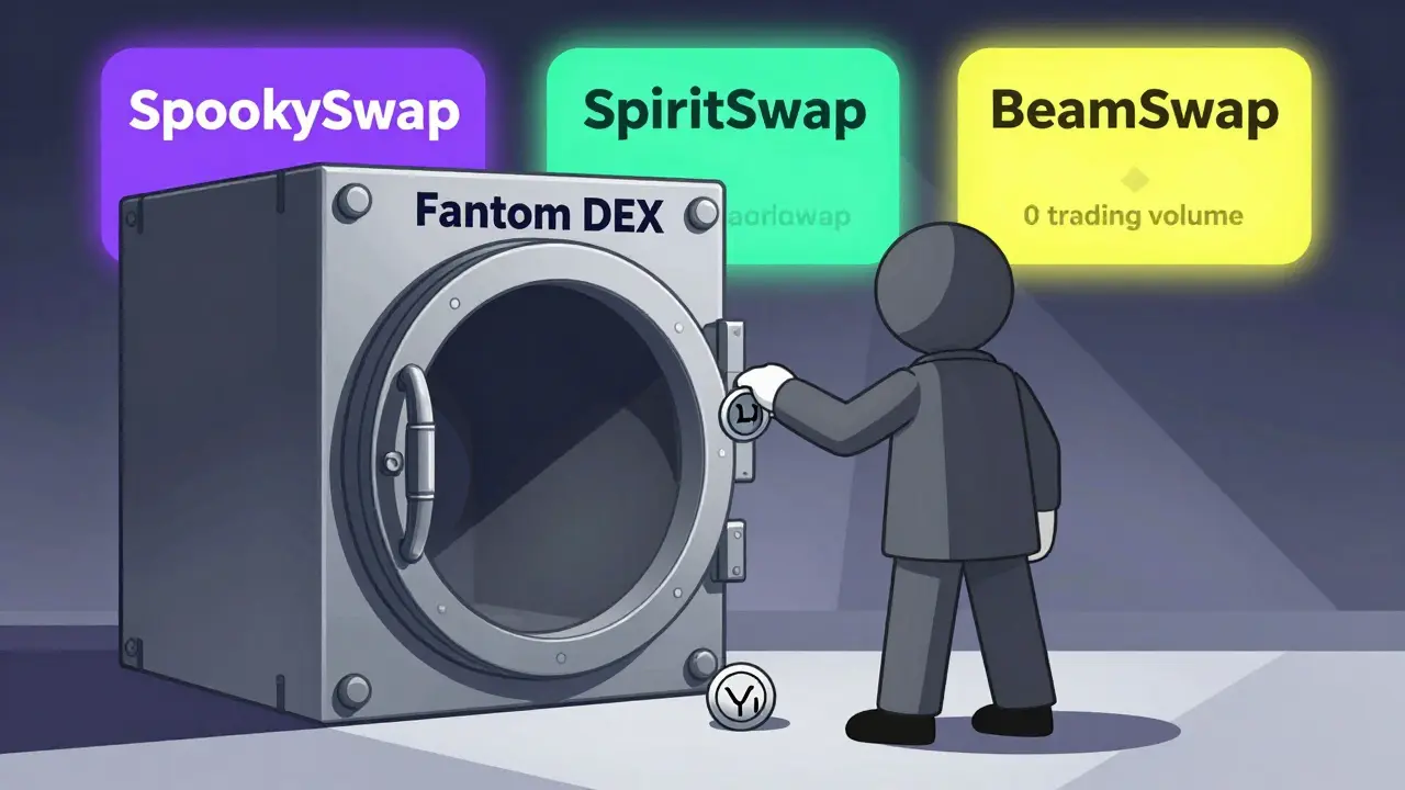 Figure anonyme déposant un jeton YOSHI dans un coffre vide, tandis que d&#039;autres DEX brillent en arrière-plan.