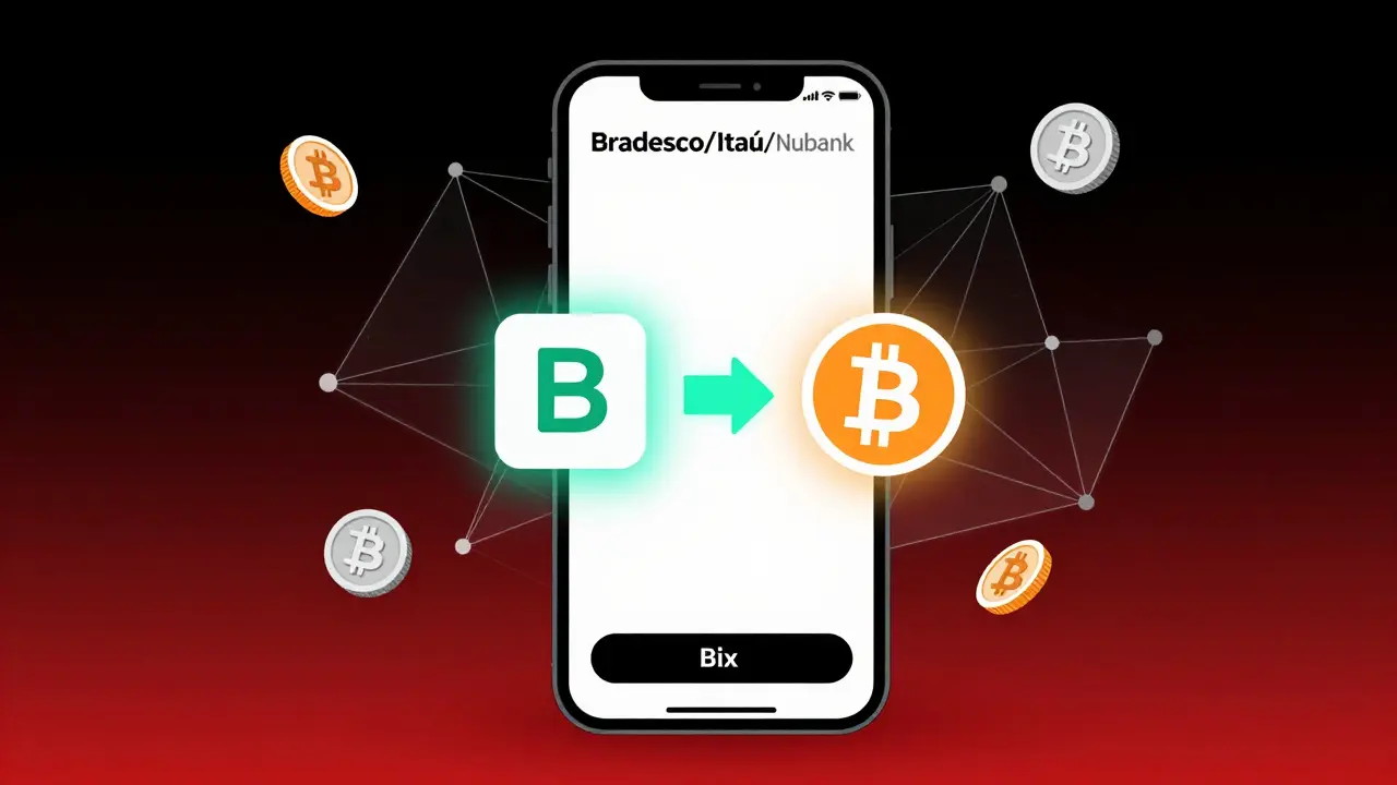 Intégration bancaire Bix reliant une application bancaire à un portefeuille crypto en motifs géométriques.