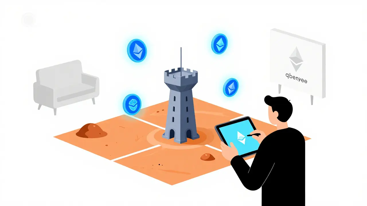 Joueur plaçant une tour légendaire sur Mars, des jetons SPAY flottent autour d'une interface minimaliste.