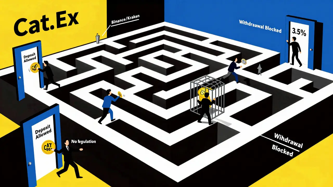 Labyrinthe financier absurde où les traders cherchent à échapper aux pièges de Cat.Ex, représenté en formes géométriques.