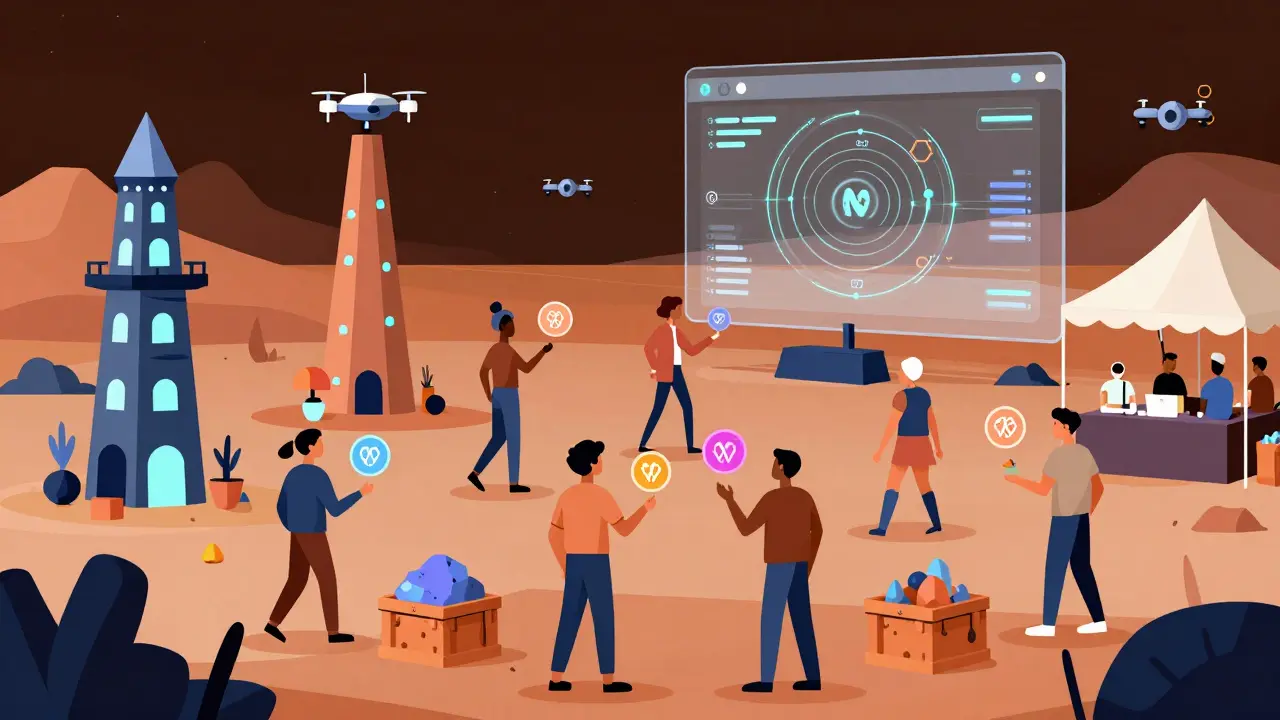 Marché martien où des joueurs échangent des NFT sous un registre blockchain géométrique.