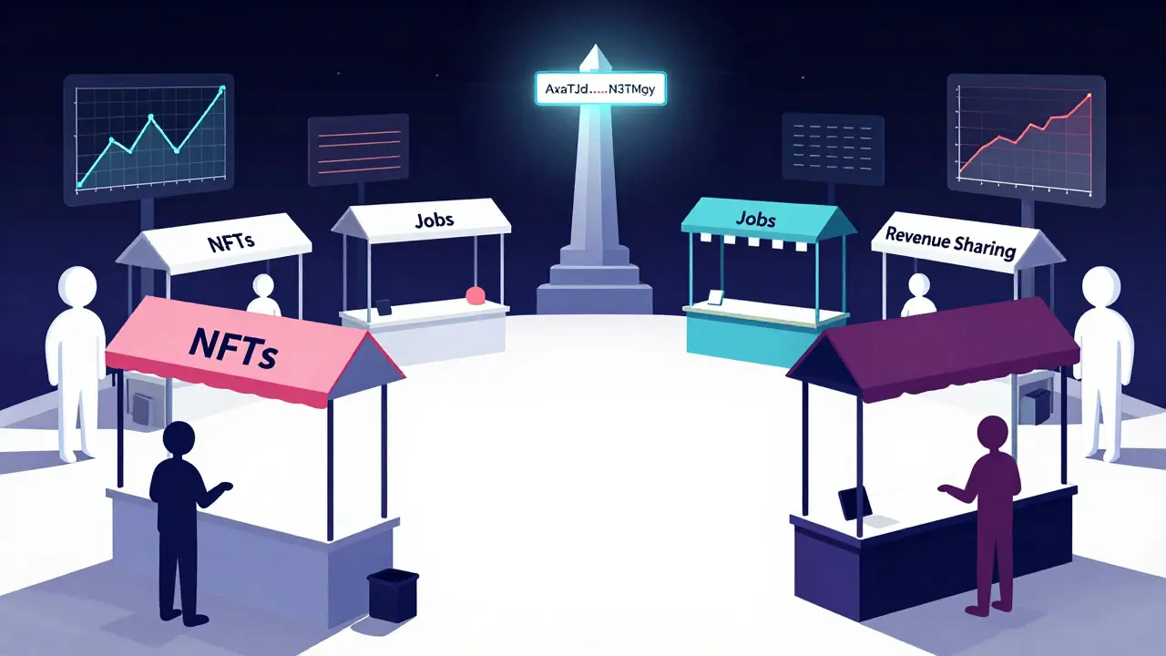 Marché numérique vide avec des étals abandonnés et une adresse contractuelle qui flotte seule.