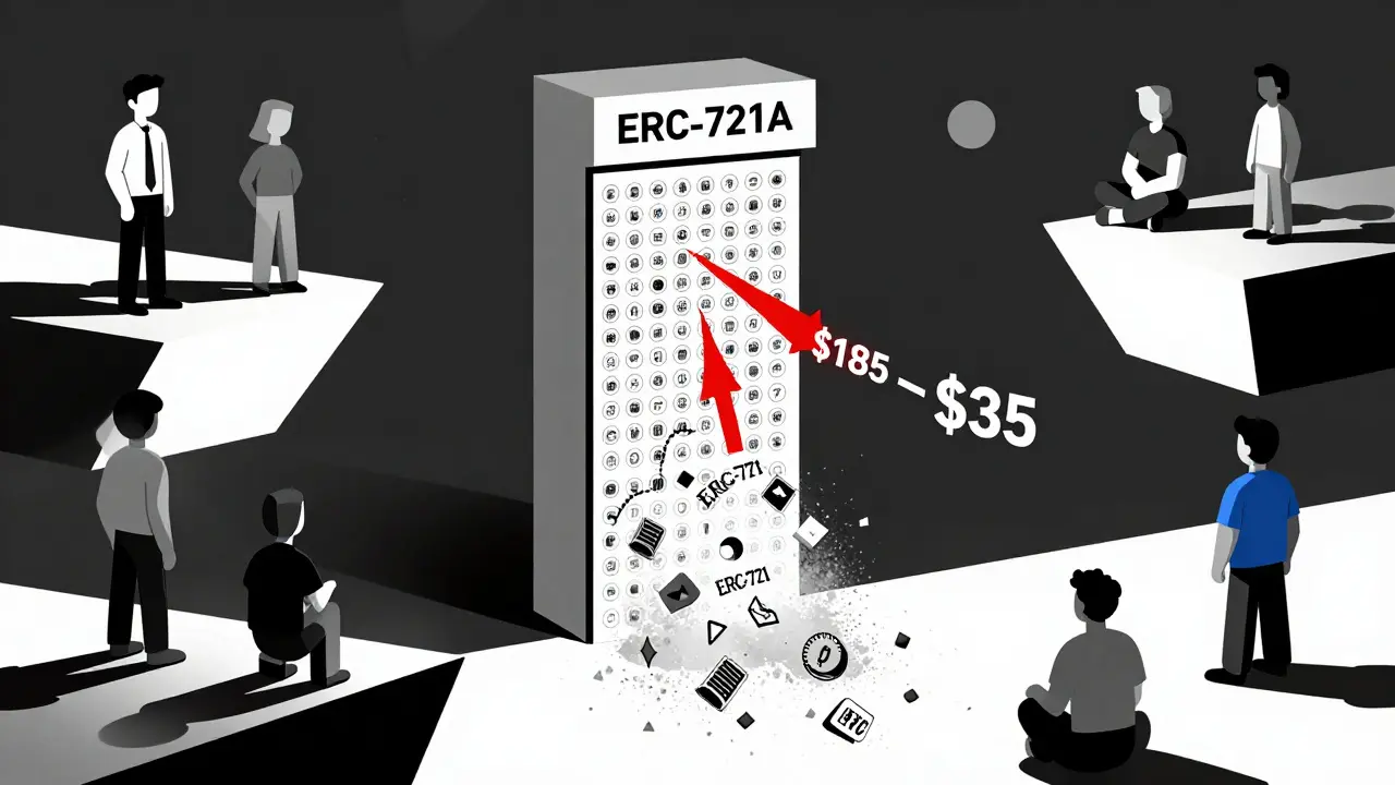 Minting simultané de 100 NFTs avec ERC-721A, coût réduit en flèches visuelles.