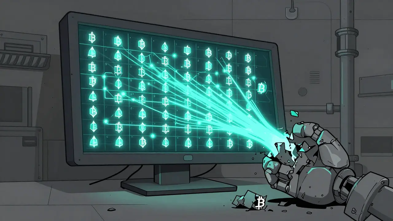 Moniteur étatique de yuan numérique efface des symboles de cryptomonnaies dans un style Bauhaus.