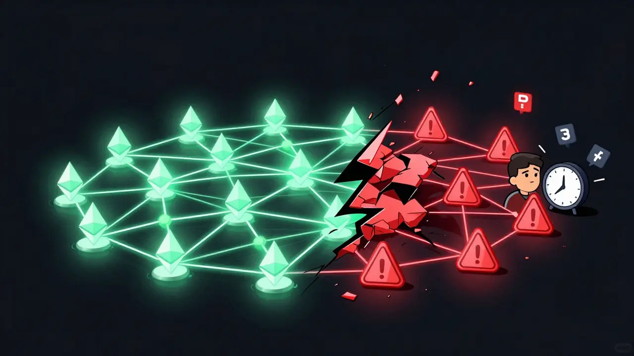 Réseau Ethereum divisé en deux parties : une fluide et une fracturée, avec un horloge marquant 47 minutes.