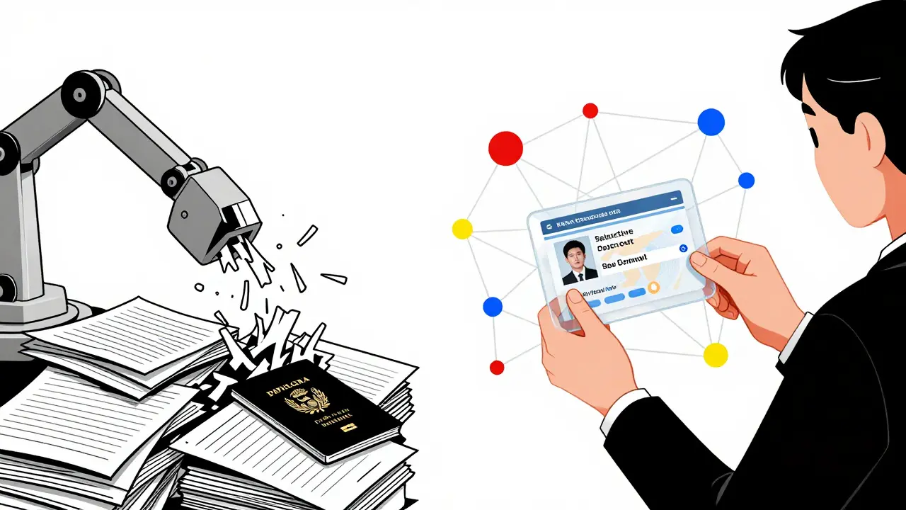 Scène comparant des documents papier déchirés à un partage numérique sécurisé avec filtrage sélectif.