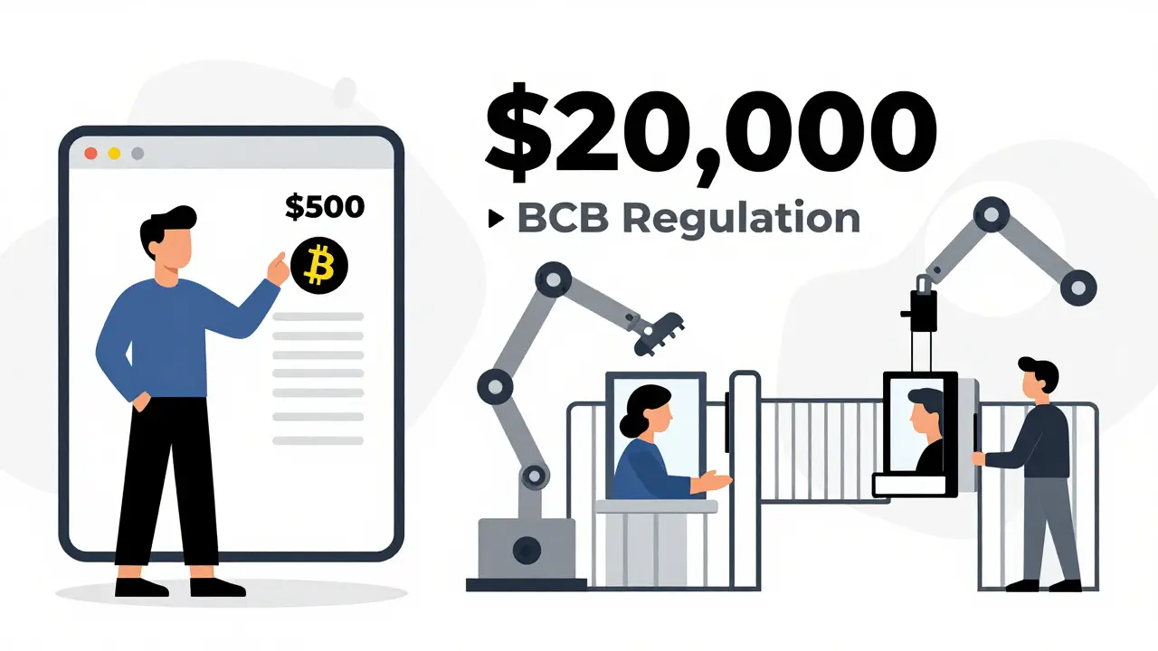 Scène divisée montrant un petit achat de crypto légal et un transfert massif fragmenté par la régulation brésilienne.