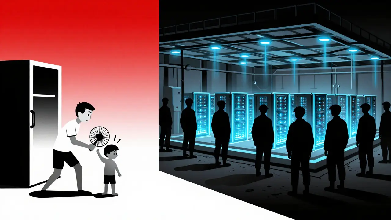 Scène divisée : un citoyen sans électricité à gauche, une ferme secrète de minage sous un stade à droite, tout en formes géométriques et couleurs industrielles.