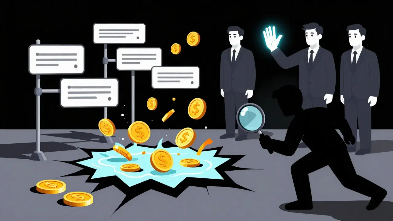 Schéma Bauhaus d'un pool stable en train de se fissurer sous une attaque, avec des validateurs bloquant la transaction.