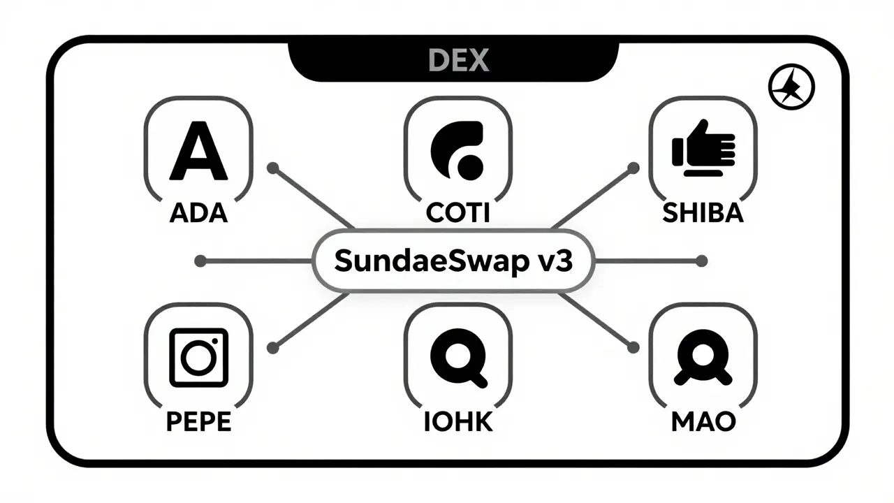 Tableau des jetons natifs Cardano sur SundaeSwap v3 avec symbole d'échec de transaction.