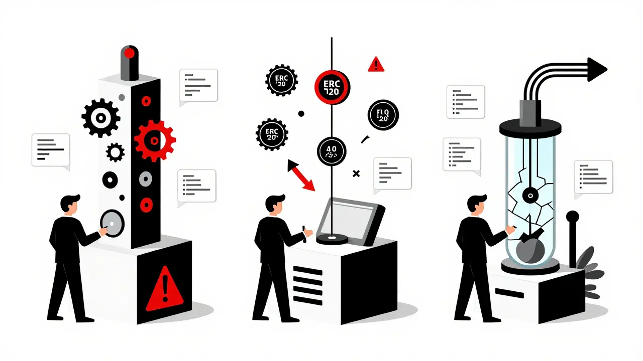 Trois machines stylisées représentant les types d&#039;audits blockchain : protocole, contrat intelligent et oracle.