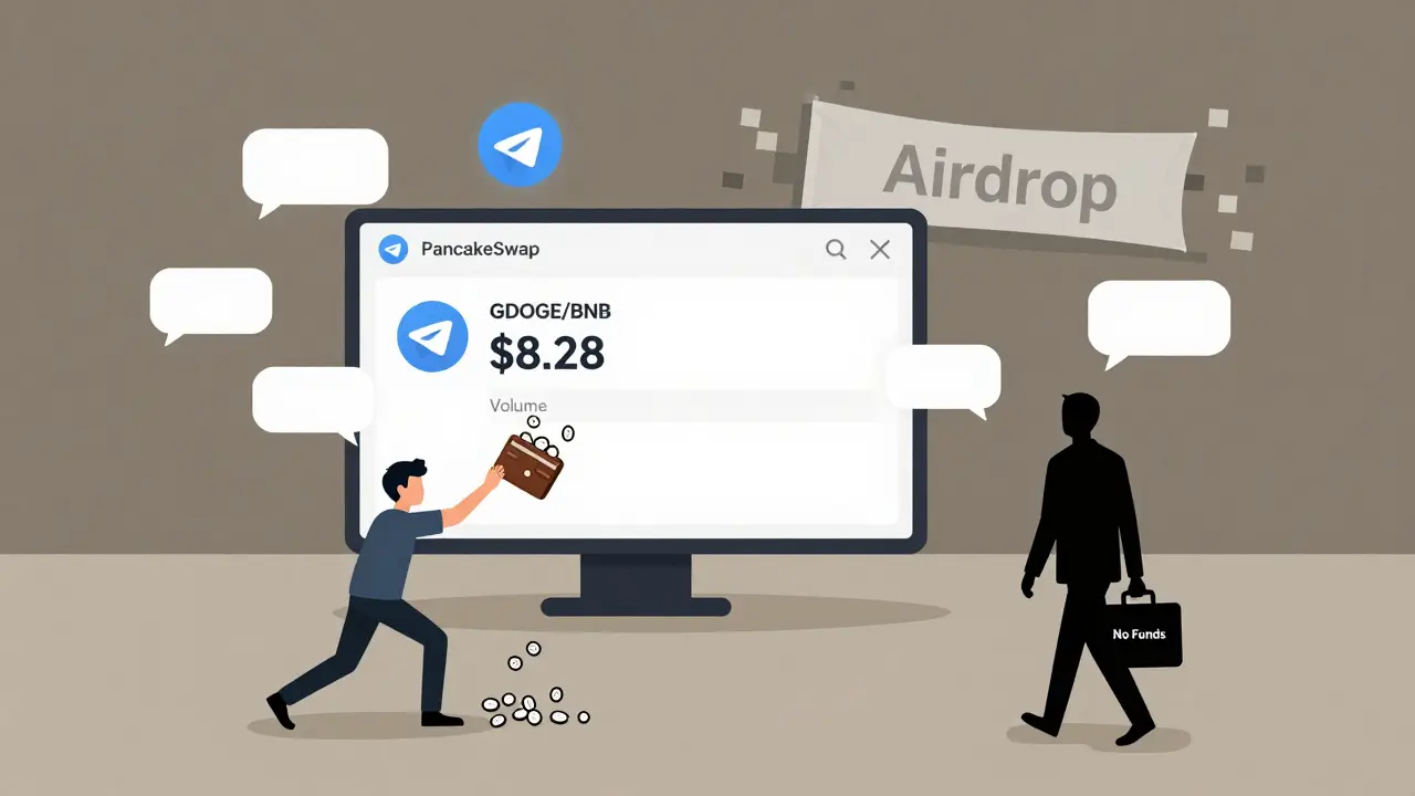 Un marché déserté avec un volume de trading minuscule, des icônes abandonnées et un utilisateur jetant des tokens.