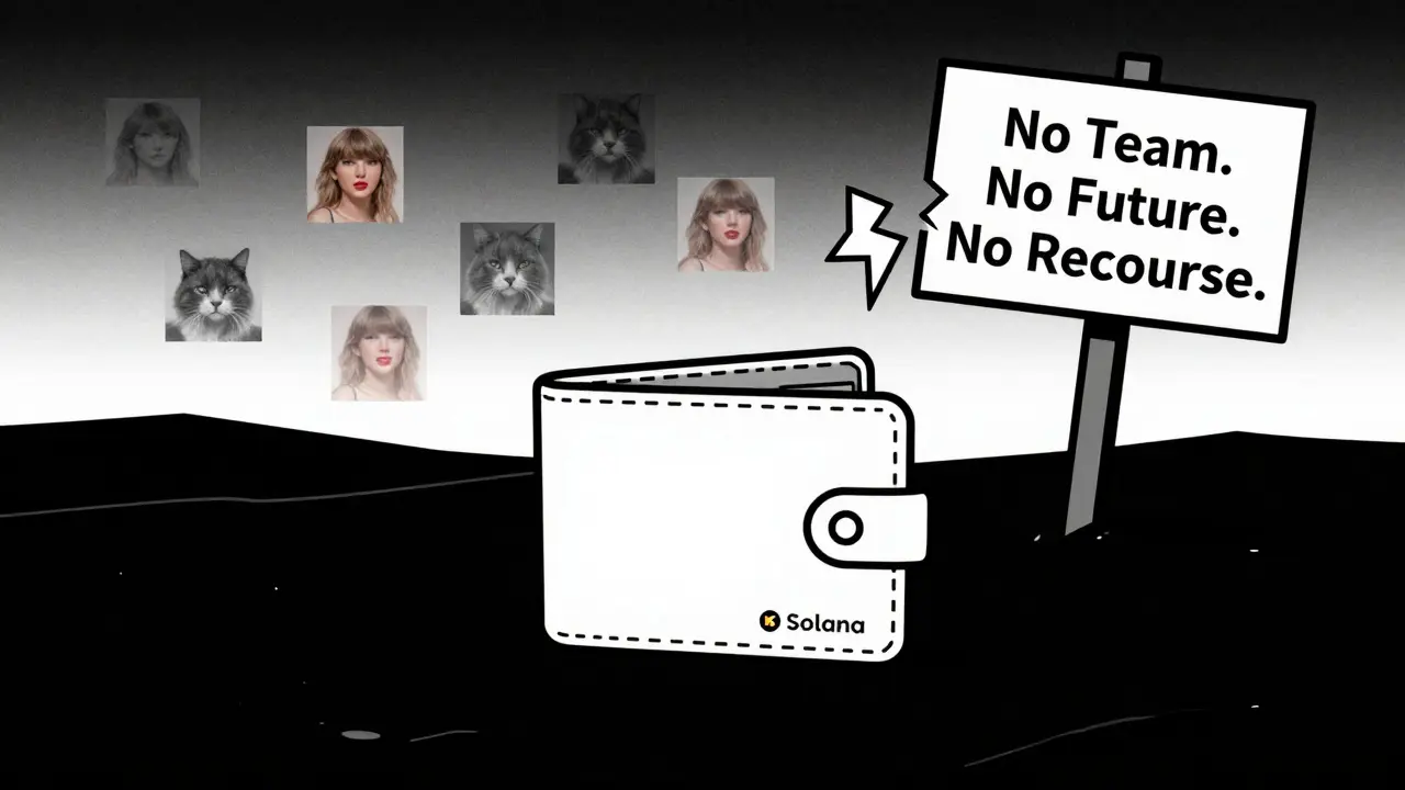 Un portefeuille vide sur un paysage numérique désert, entouré de memes de chat qui disparaissent en statique.