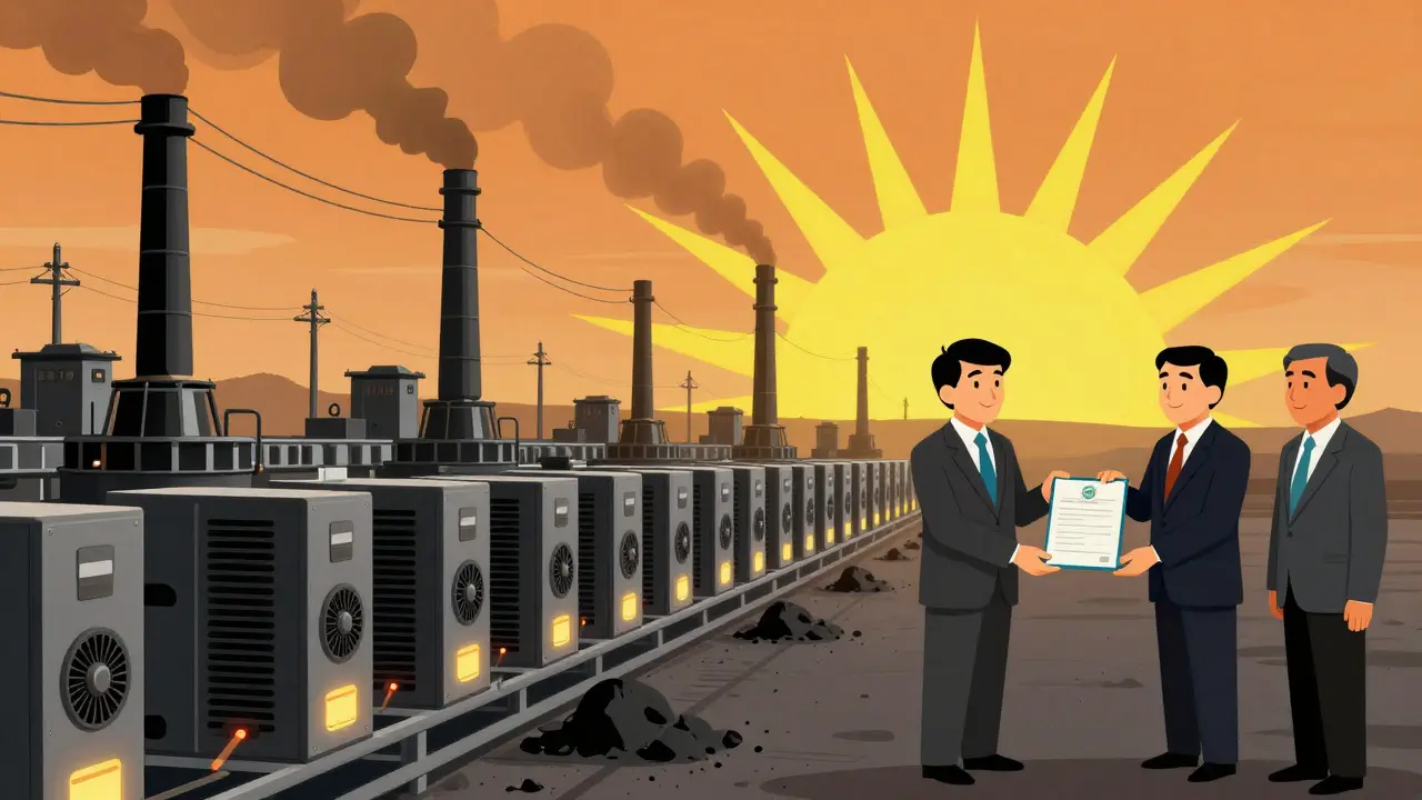 Une ferme de minage au Kazakhstan alimentée par des centrales à charbon, style Bauhaus.