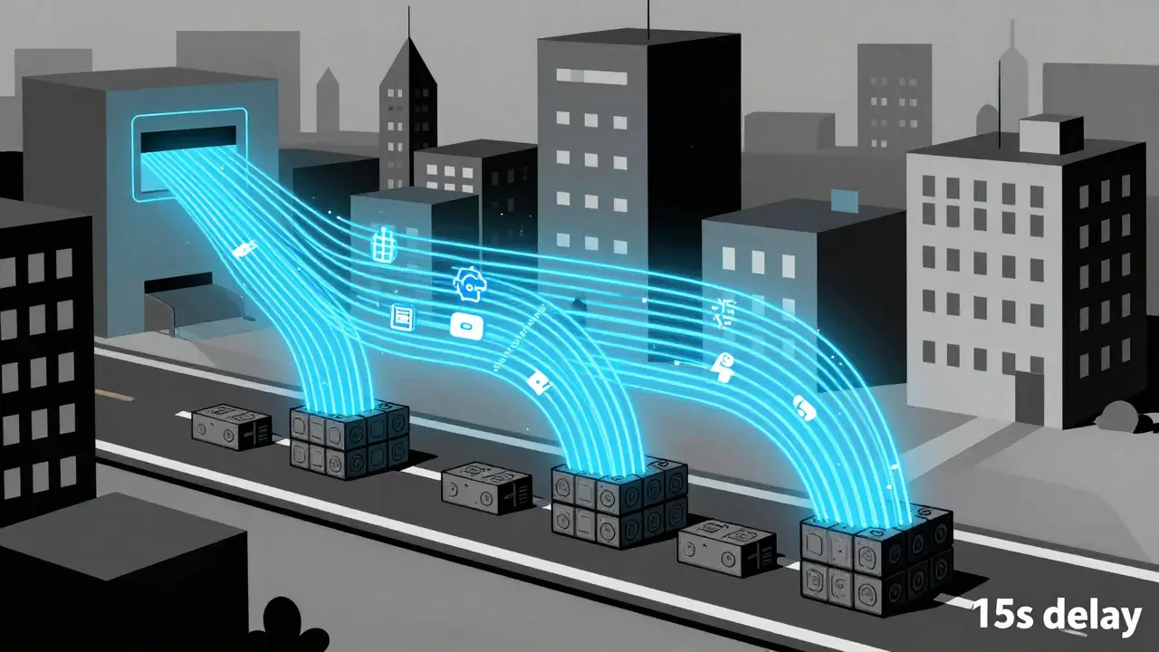 Une ville futuriste où les canaux d'état transmettent des données rapidement, tandis que la blockchain avance lentement en bas.