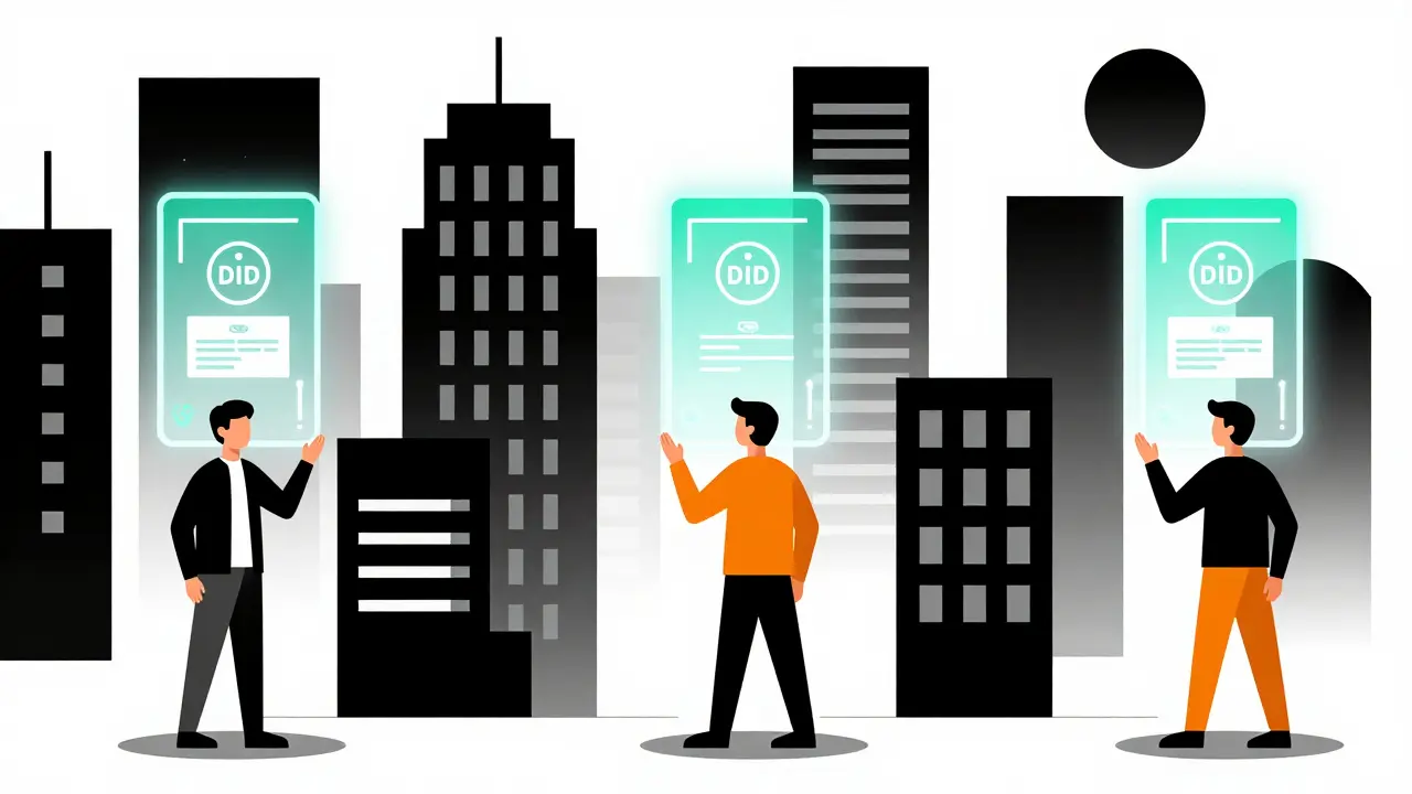 Ville futuriste où les citoyens interagissent avec des identifiants décentralisés et des certificats flottants.