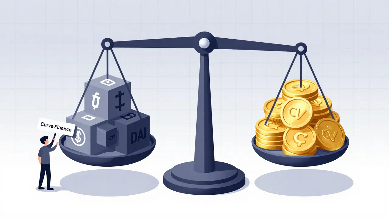 Balance entre stablecoins et récompenses CRV dans un cadre géométrique minimaliste en style Bauhaus.