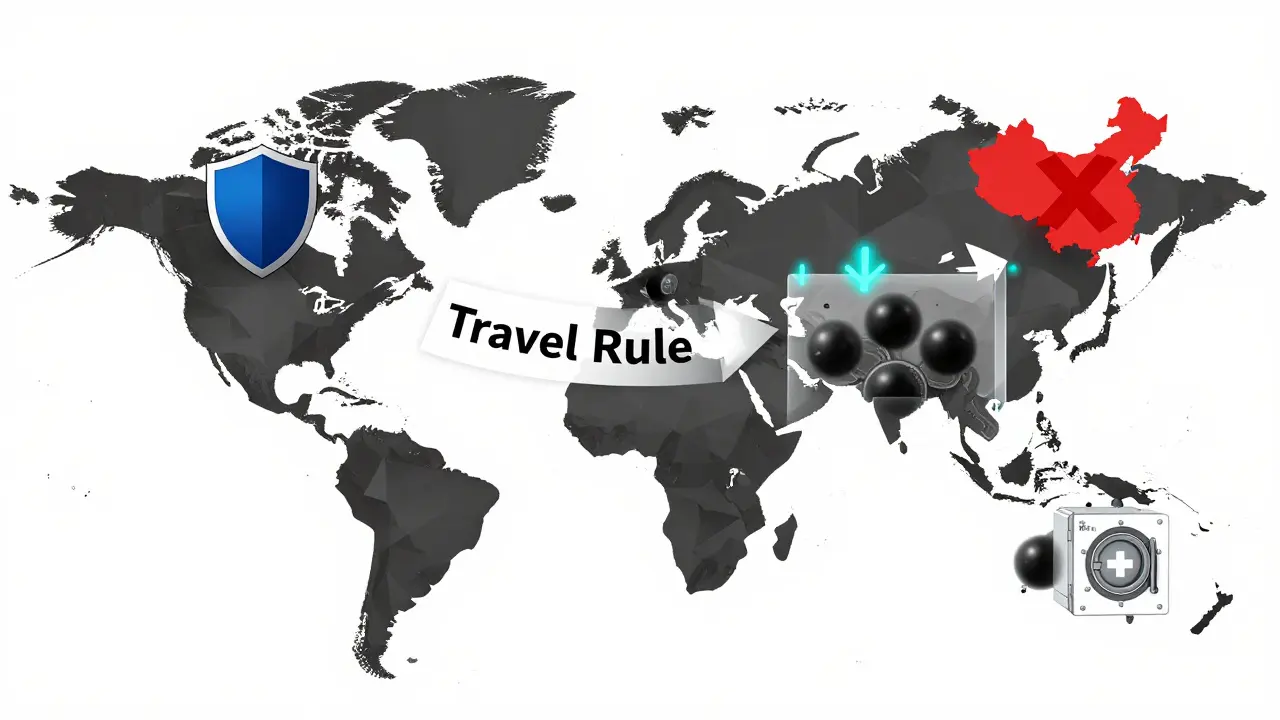 Carte mondiale des régulations crypto en style Bauhaus, avec la règle du voyage et les monnaies privées rejetées.