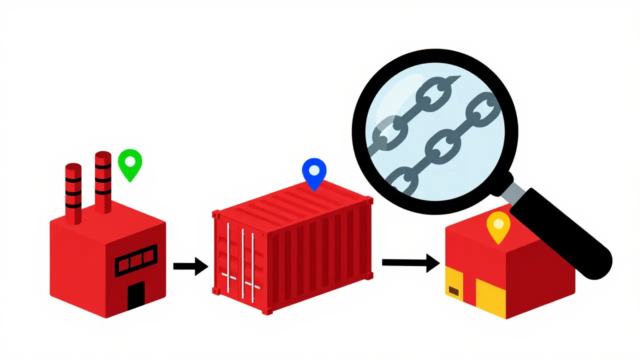 Chaîne d'approvisionnement visualisée comme des formes géométriques connectées, avec des événements marqués par des symboles colorés.