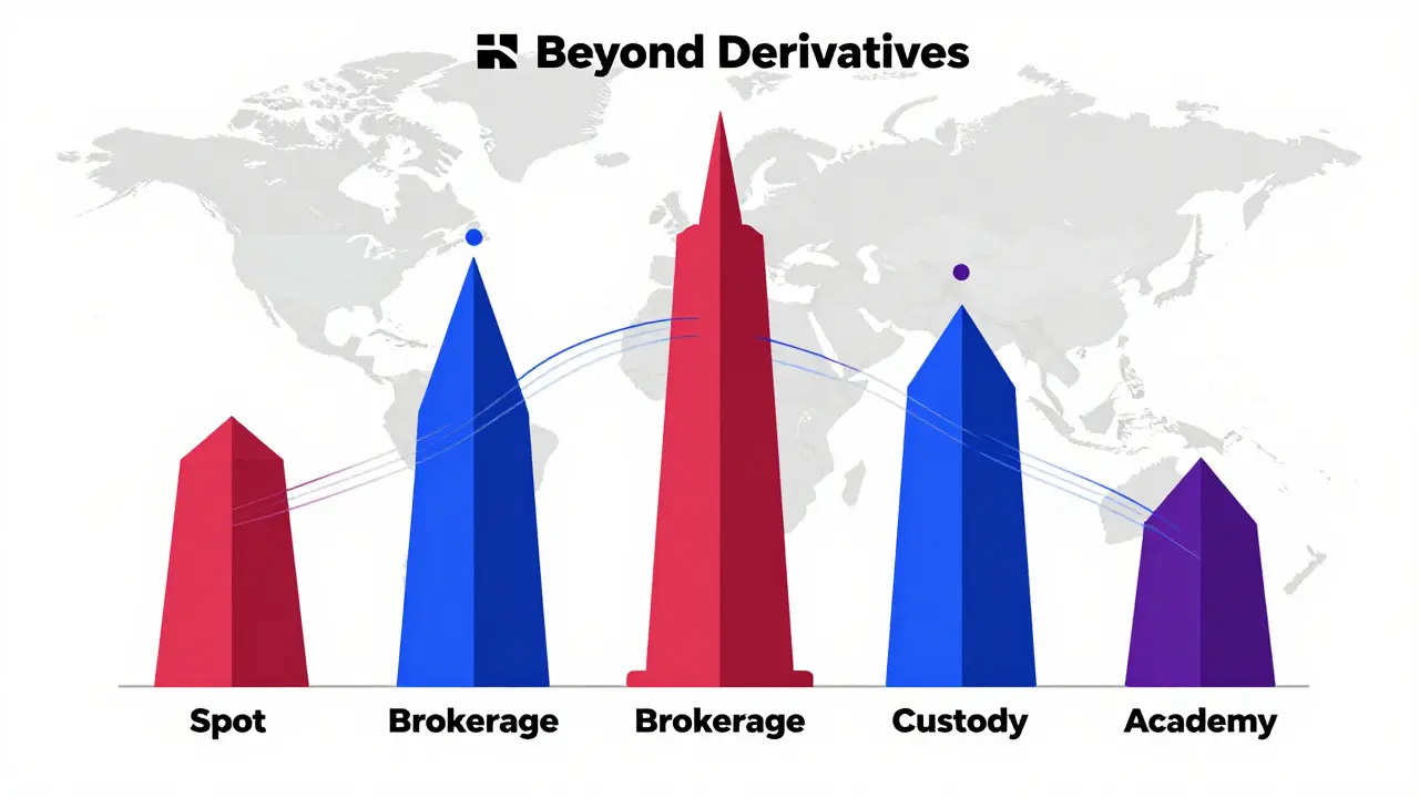 Cinq tours symbolisant la stratégie Beyond Derivatives de BitMEX, avec des flux de données vers l'Asie et Dubaï.