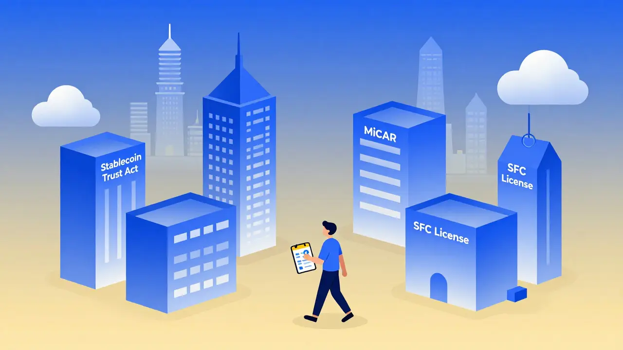 Cité réglementaire géométrique avec bâtiments pour les lois crypto, un utilisateur en mouvement.