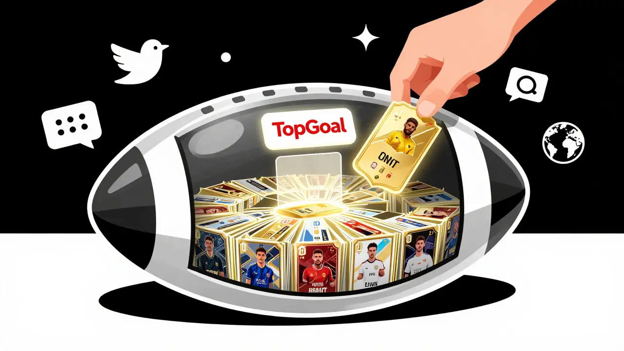 Coffre-fort en forme de ballon de foot ouvert, révélant des cartes NFT brillantes vers un portail.